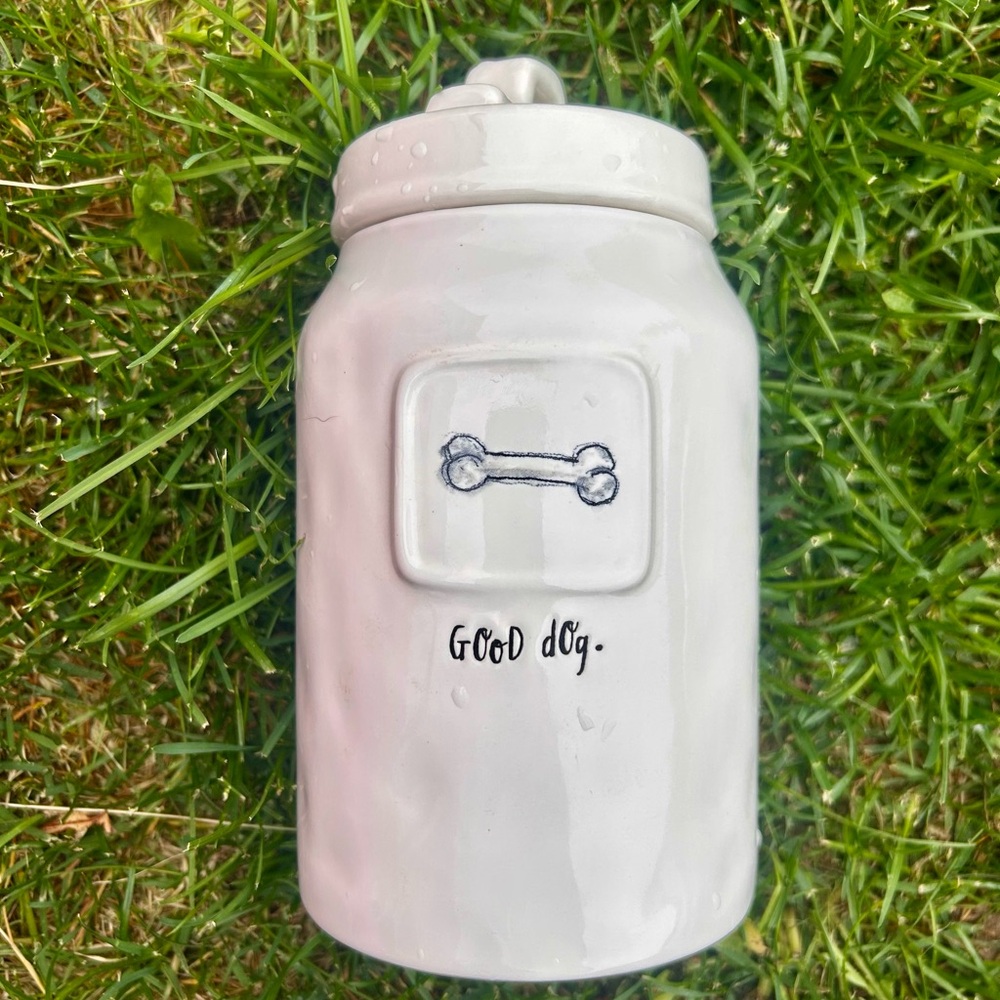 Rae Dunn White Ceramic Dog Treat Jar with Bone Design